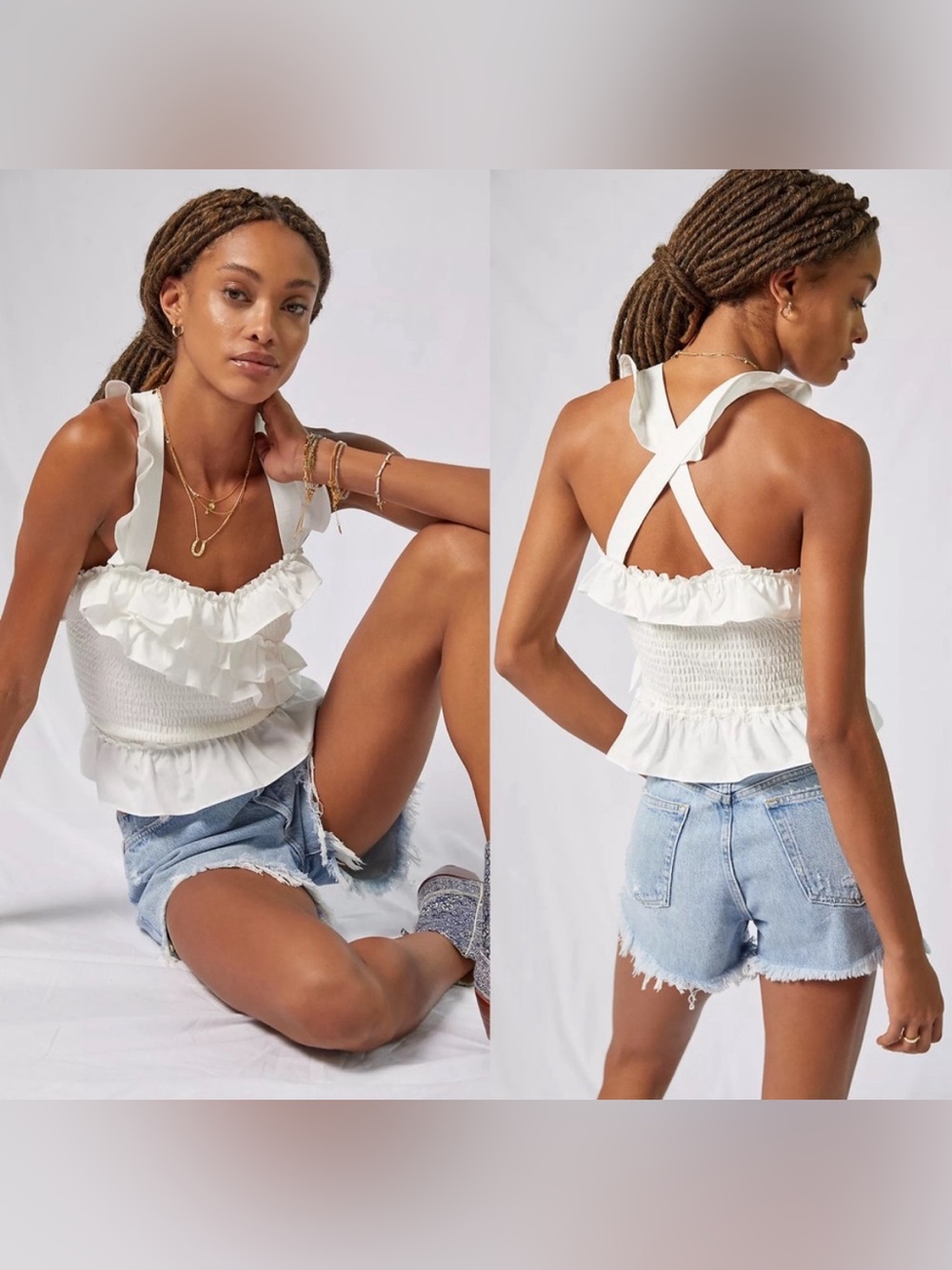 NWOT Anthropologie Cotton White Ruffled Smocked Cross-Back Tank, Size Medium